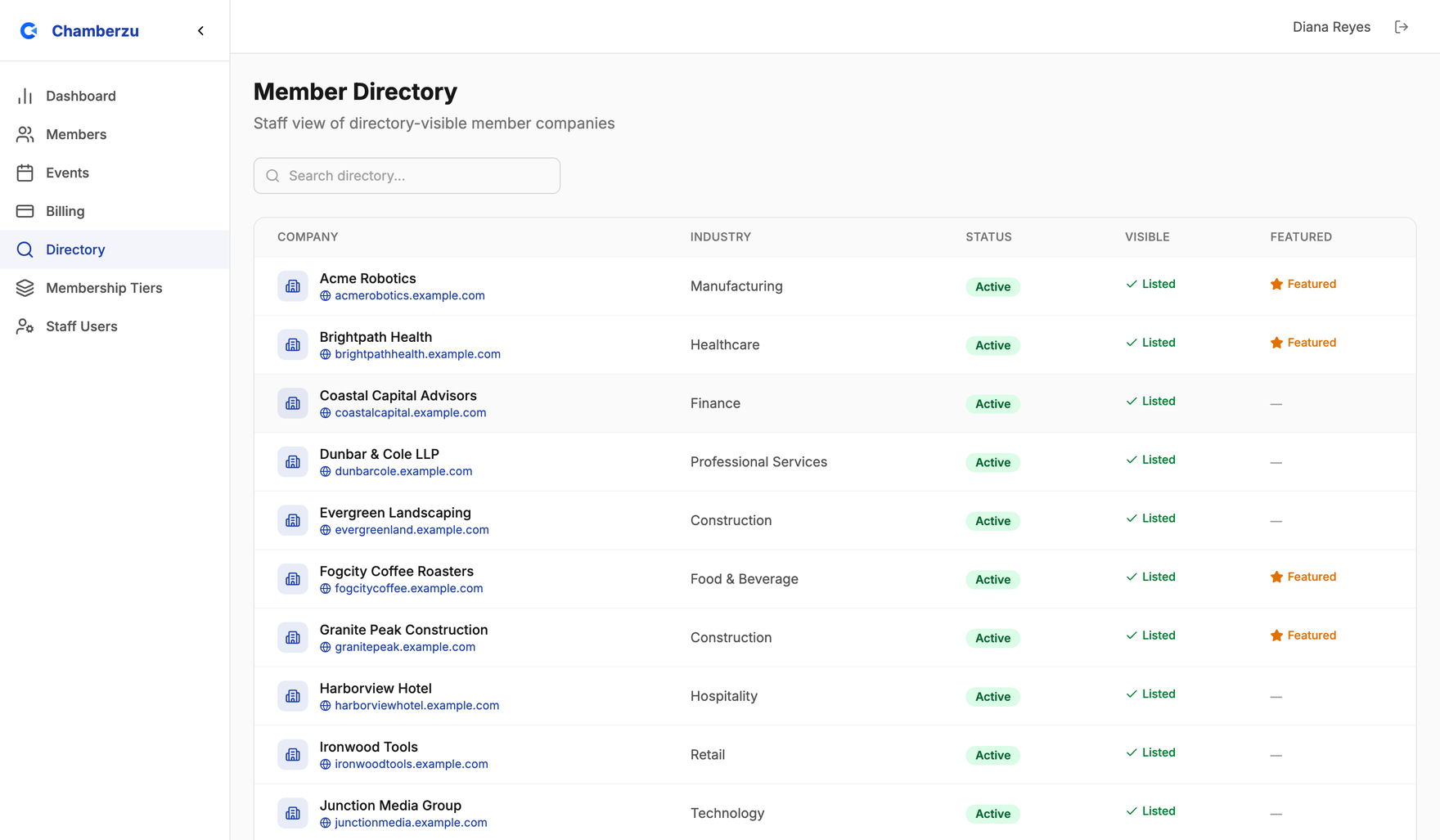 The Chamberzu directory admin screen, listing member businesses with industry, tier and directory visibility controls.